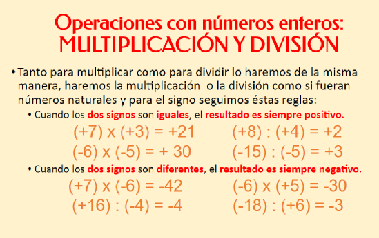 Vamos a ver la regla de los signos en la multiplicación y la división de números enteros.